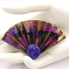 Purple Hue Art Paper Fan Brooch Pin Artist Signed Acrylic Glaze Origami Style