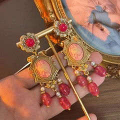 Vintage European Floral Cameo Drop Earrings Gold Plated Rhinestone Pearl Dangle