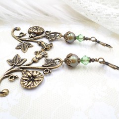 Art Nouveau Floral Brass Earrings Green Crystal Dangle Leverback Vintage Style