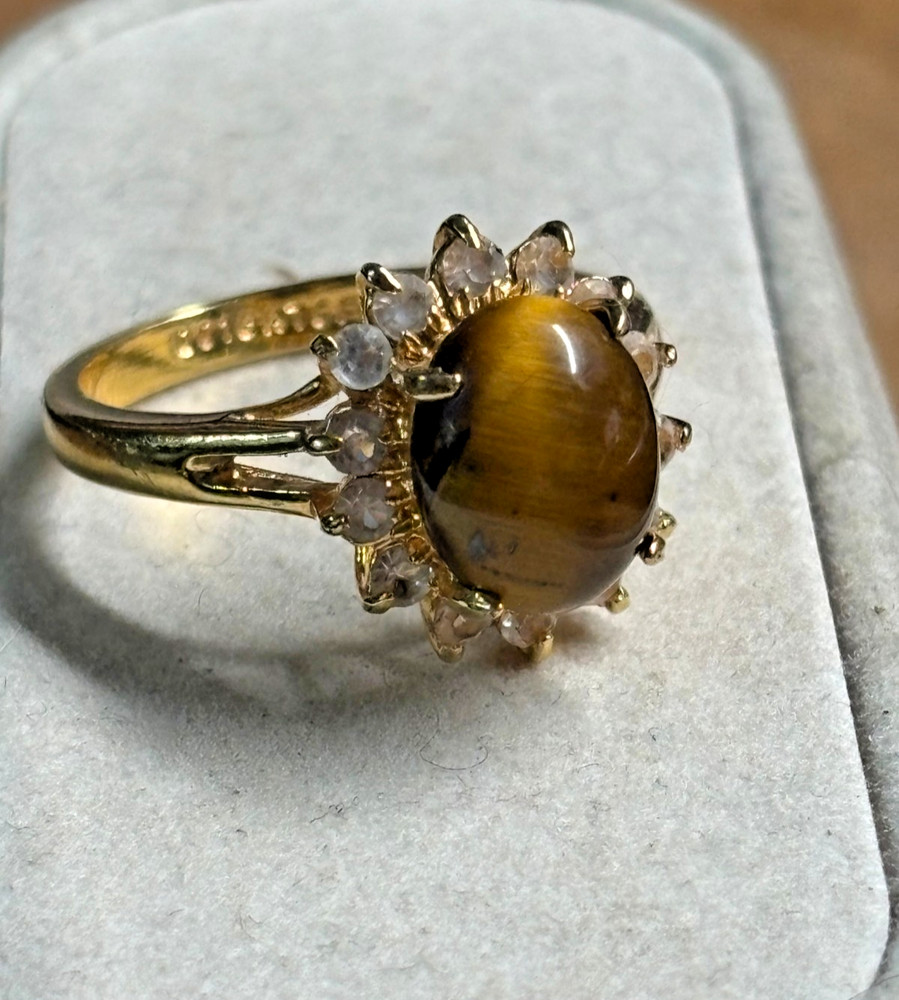 Size 7 TIGERS EYE oval Clear Rhinestone COCKTAIL RING DO 18Kt GE gold plate