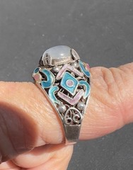 Vintage Chinese Export Sterling Silver Enamel Moonstone Ring Size 8 Marked S925