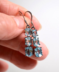 Silver Tone Pierced Wire Hook Earrings 1.5″ Blue Aquamarine Stones