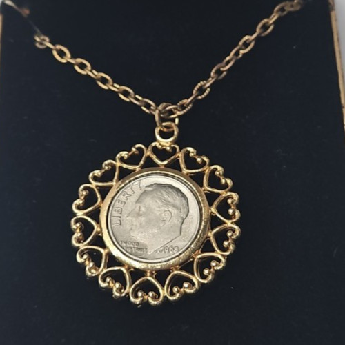 1968 Franklin Delano Roosevelt One Dime Coin Heart Shape Edged Pendant Necklace