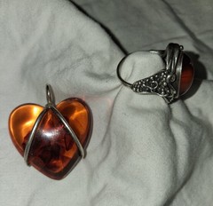 Vintage Sterling Silver Amber Puffy Heart Pendant & Sterling Amber Ring Sz 7.5