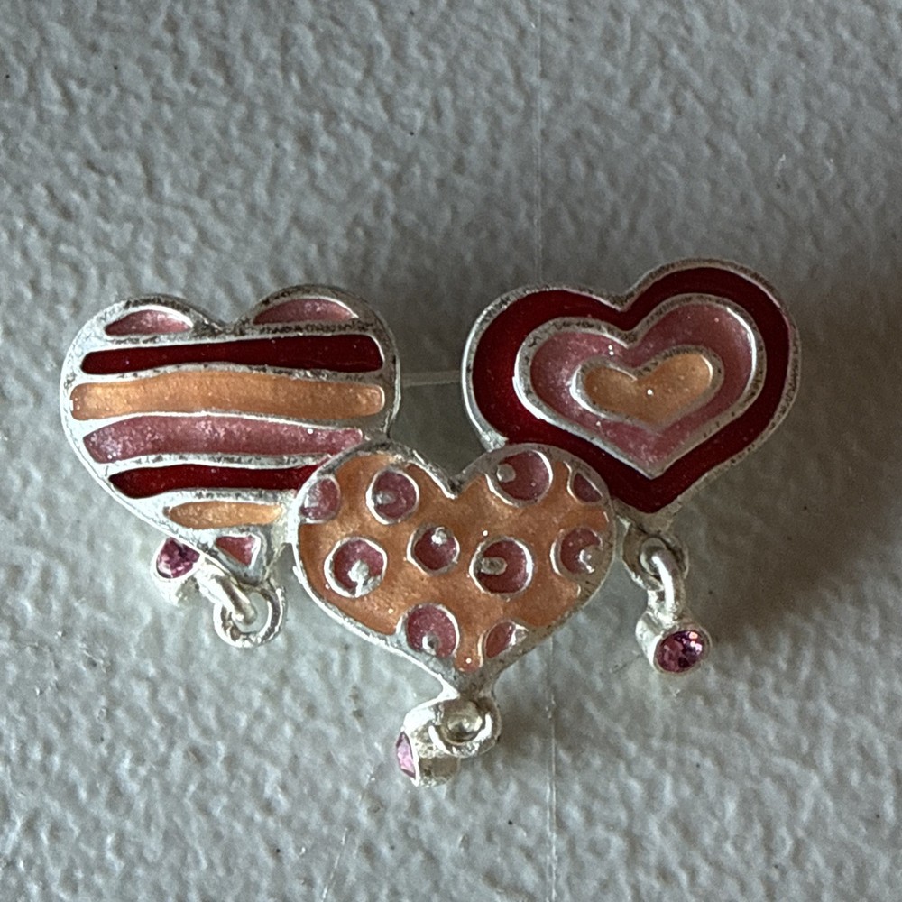 Triple Heart w/ Rhinestone Dangles Enameled 2″ Brooch Signed AJMC