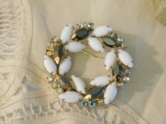 Vintage Milk Glass Navette Aurora Borealis Rhinestone Prong set Brooch 1950-1960