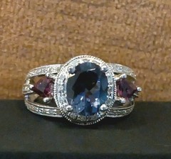 Beautiful Tanzanite, Tourmaline & Diamond 14k White Gold Designer Ring Sz 9