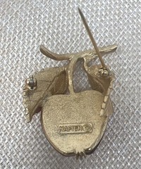 Vintage Napier Gold-Tone Apple Brooch With Red Glass Cabochon Leaf Detail 1.5 In