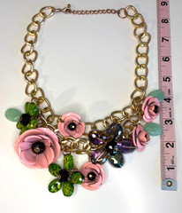 Unique Spring Statement Pink, Green, Purple Flowers Metal & Resin Necklace