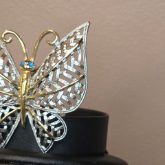 Vintage Avon Butterfly Brooch Silver Gold Tone Filigree Blue crystal Rhinestones