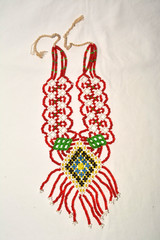 Vintage Handmade Beaded Necklace Tribal Boho Red Green Yellow Fringe Statement