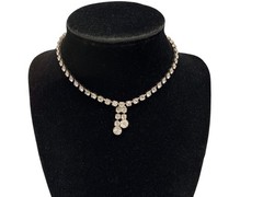 Vintage Rhinestone Choker Necklace Mid Century Sparkling Gemstones 12in Tassel
