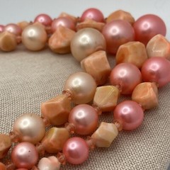 Pink Orange Triple Strand Graduated Necklace Irregular Bead Vintage Japan B141