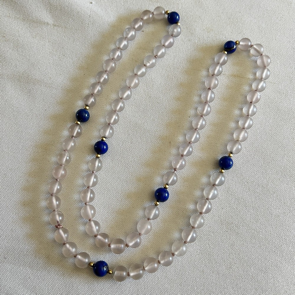 Vintage Frosted Rose Quartz Lapis Lazuli 27″ Beaded Necklace Gold Accent Spacers