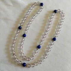 Vintage Frosted Rose Quartz Lapis Lazuli 27″ Beaded Necklace Gold Accent Spacers