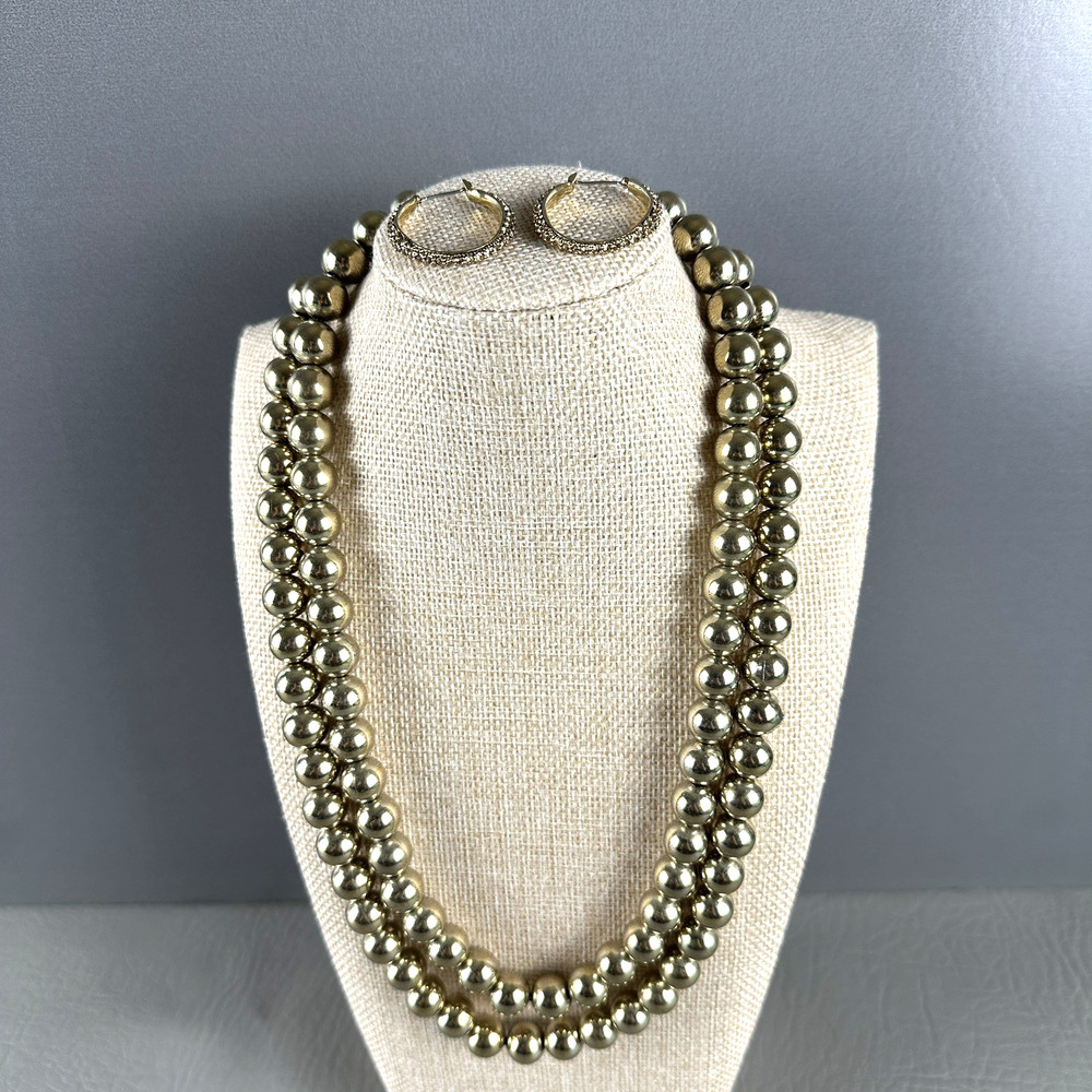 Vintage Monet Necklace & Earrings Set Double Strand Gold Tone Bead Hoop