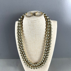 Vintage Monet Necklace & Earrings Set Double Strand Gold Tone Bead Hoop
