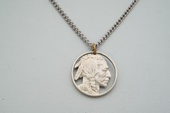 Vintage Necklace Silver Tone Carved Buffalo Nickel 24″
