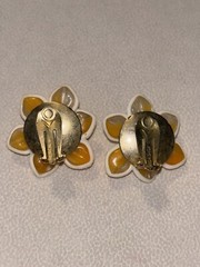 Vintage Orange And White Flower Clip Earrings, Signed Hong Kong