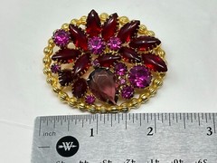 Vintage EDLEE Creations Goldtone Red Magenta Purple Rhinestone Oval 2.25″ Brooch