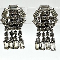 Vintage Tassel Earrings Art Deco Revival Baguette Rhinestone Clip Ons 1.5″