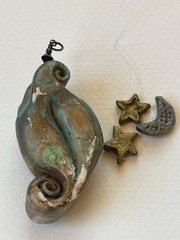 Handmade Green & Gold Polymer Clay Celestial Face & Star & Moon Charms Pendant –