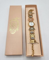 Vintage RARE HTF Signed Goldtone Kirks Folly Enameled Tea Party Watch w/Box 8″