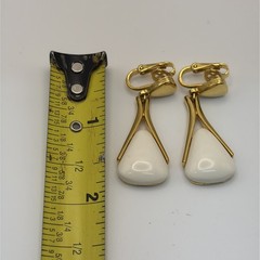 Vintage Crown Trifari Dangle Gold Tone White Clip On Earrings, Elegant 1 1/2”