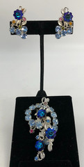 VTG Sky Blue Rhinestone & Aqua Rivoli Cluster Brooch Pin & Clip Earring Set MCM