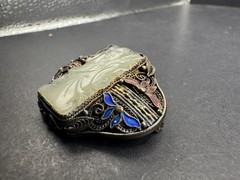 Antique Silver Cloisonne Carved Green Jade Pin/Brooch