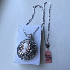 Silver Tone Oval Cameo Portrait Pendant Necklace, 19 inches long