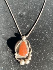 VTG Sterling Navajo Shadowbox One Feather Jasper Pendant Necklace Signed Larry W