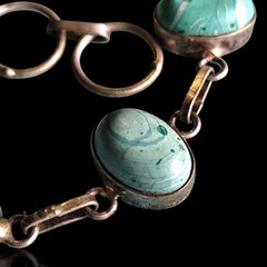 Vtg Mexico Silver Plated Blue Swirl Polymer Clay Cabochon Bracelet 9″