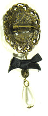 Vintage Rhinestone Cameo Brooch Victorian Pin Filigree Faux Pearl Oval Bronze