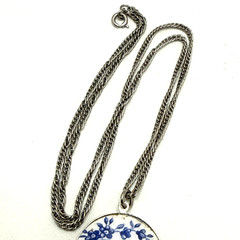 Vintage Guilloche Locket Blue White Enamel Bird of Paradise Floral 24″