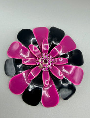 Vntg Purple and Black Flower Brooch, Anodized Aluminum with Crystal Sparkle #936