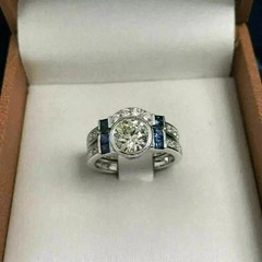 Art Deco Style Lab Created Diamond & Sapphire Wedding 14k White Gold FN Ring Set