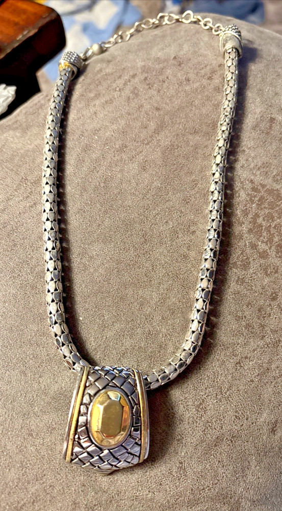Chicos Vintage Necklace Snake Coil Chain Solid Two Tone Metal Pendant Logo Tag