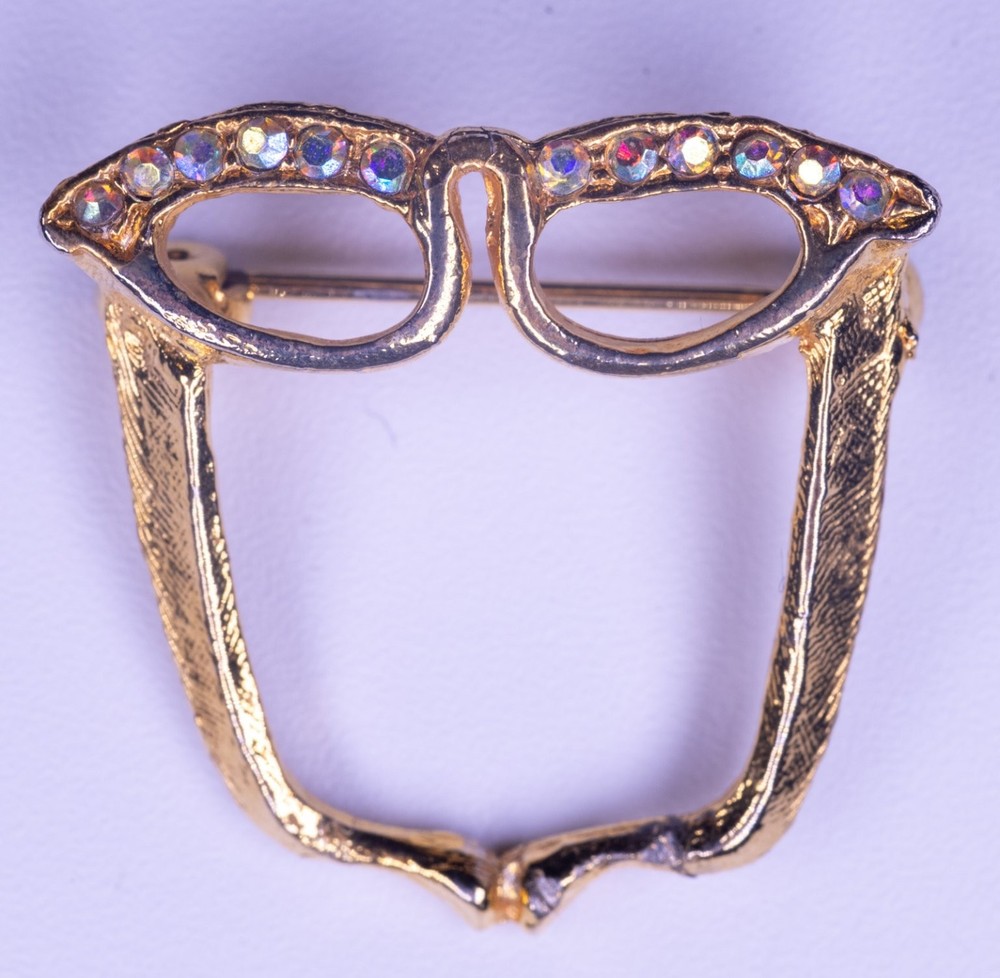 Vintage Cat Eye Glasses Brooch Pin Gold Tone 32mm x 30mm AB Rhinestone Costume