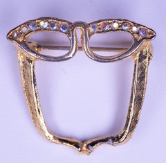 Vintage Cat Eye Glasses Brooch Pin Gold Tone 32mm x 30mm AB Rhinestone Costume
