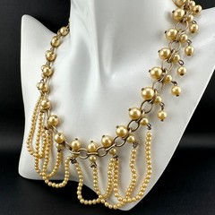 Vintage Faux Pearl Fringe Chain Necklace Gold Tone Beaded Dangle Charm Old Clasp