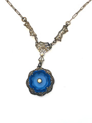 Art Nouveau Art Deco Sterling Silver Cobalt Glass Rhinestone Filigree Necklace