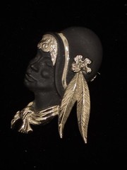 Vintage Torino Flapper Girl Brooch in Gold Tone and Black Matte Finish.
