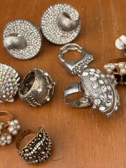 Vintage rhinestone and pearl rings, lot of 10, now size fits all
