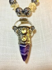Crystal Necklace Amethyst Amber Color Unk Origin Huge Swing Pendant Handcrafted