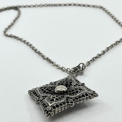 Vintage Retro Silver Tone Filigree Square Pendant Necklace Ornate Boho Style