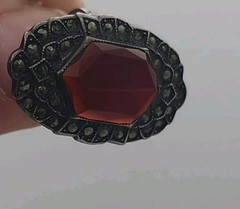 Antique Art Deco Gothic Carnelian Markasite Sterling Silver Vintage Ring Size 6
