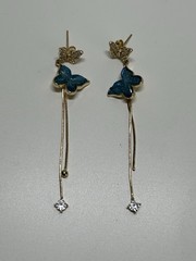 Goldtone Butterfly Earrings Blue And Clear Stones Dangles Post Back (pierced)