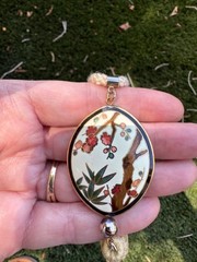 Vintage Asian Cloisonné Floral Tassel Pendent On Cream cord Necklace 30” Estate