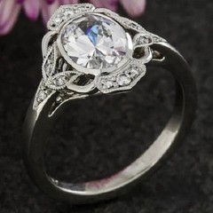 Art Deco Style Filigree Oval Lab Created Diamond Wedding 14K White Gold FN Ring